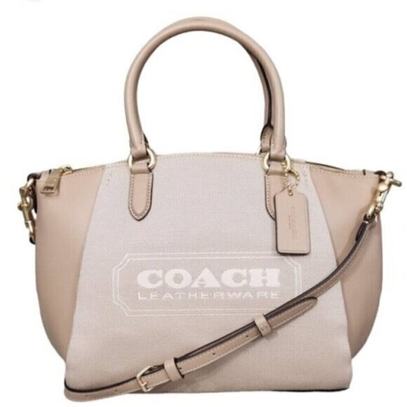 Coach Elise Badge Jacquard Chalk Taupe Satchel Shoulder Bag, purse, - Picture 1 of 12